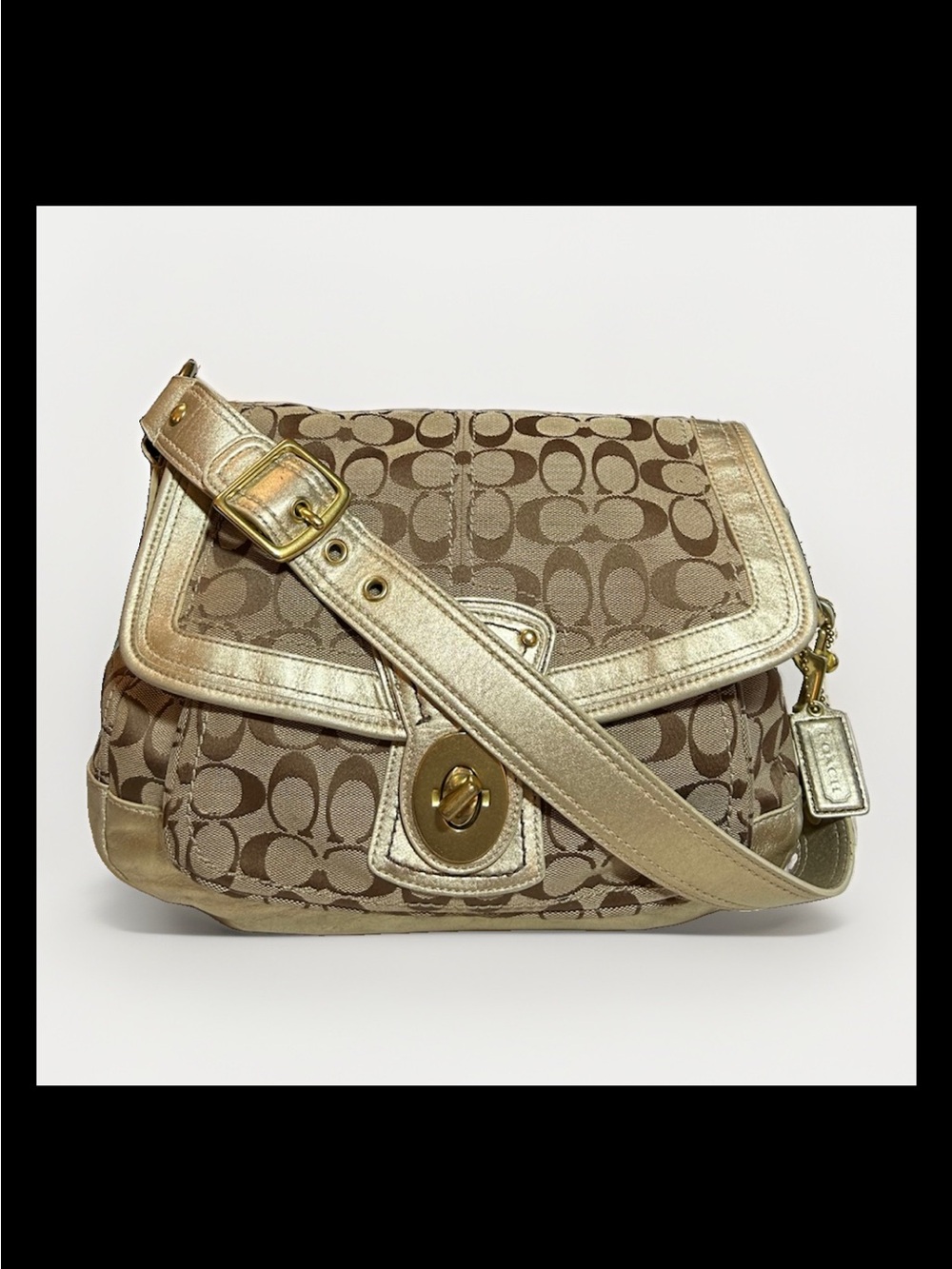 Coach Legacy Ali Signature Flap Shoulder Bag, Metallic Gold Leather Trim, 2009